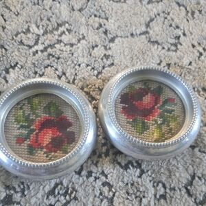 Silver Floral Needlepoint  Coasters